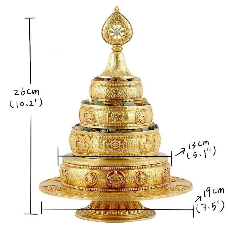 10” Handmade Brass Mandala Offering Set Tibetan Eight Auspicious Symbols, 2 lbs free gem included