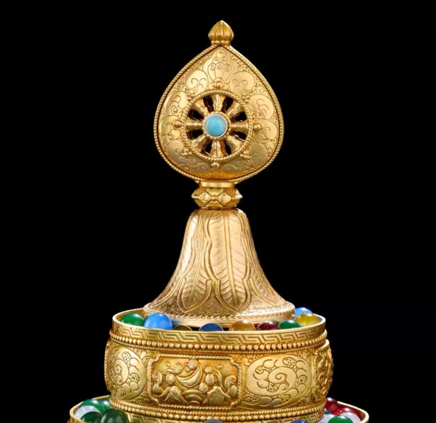 10” Handmade Brass Mandala Offering Set Tibetan Eight Auspicious Symbols, 2 lbs free gem included