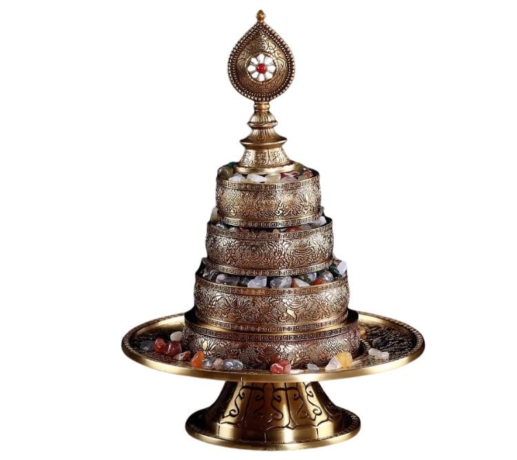 10” Handmade Brass Mandala Offering Set Tibetan Eight Auspicious Symbols, 1 pound free gem included