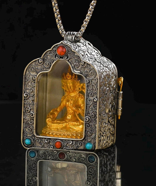 Tibetan Ghau Box Pendant w/Buddha Protector Statue Buddha Gau Solid Brass Amulet Silver Meditation Gift Buddism Practice Spiritual Necklace
