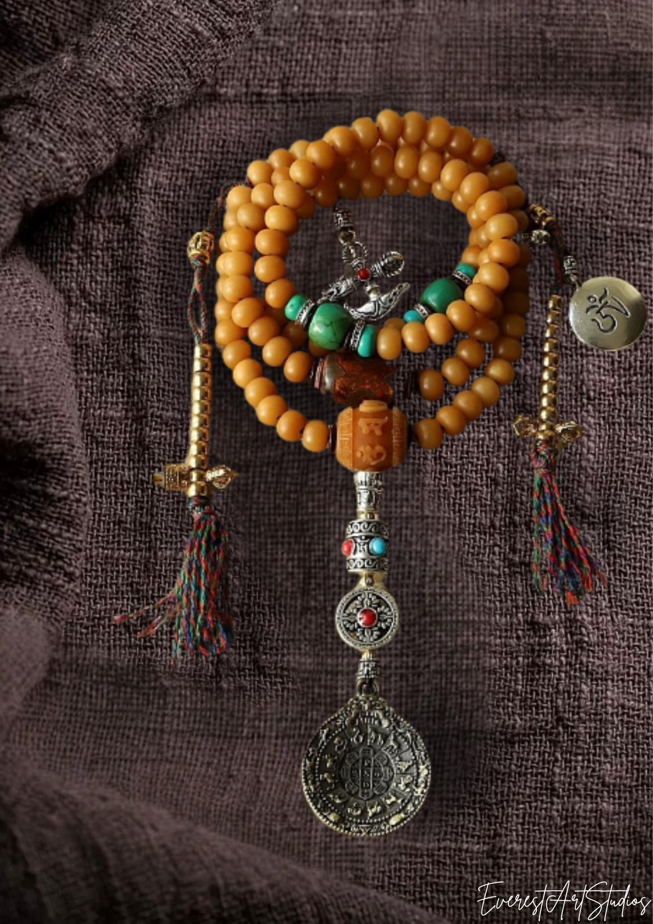 Handcrafted Bodhi Root Mala Beads, 108 Tibetan Prayer Beads Necklace Bracelet with Agate, Spiritual Meditation Jewelry