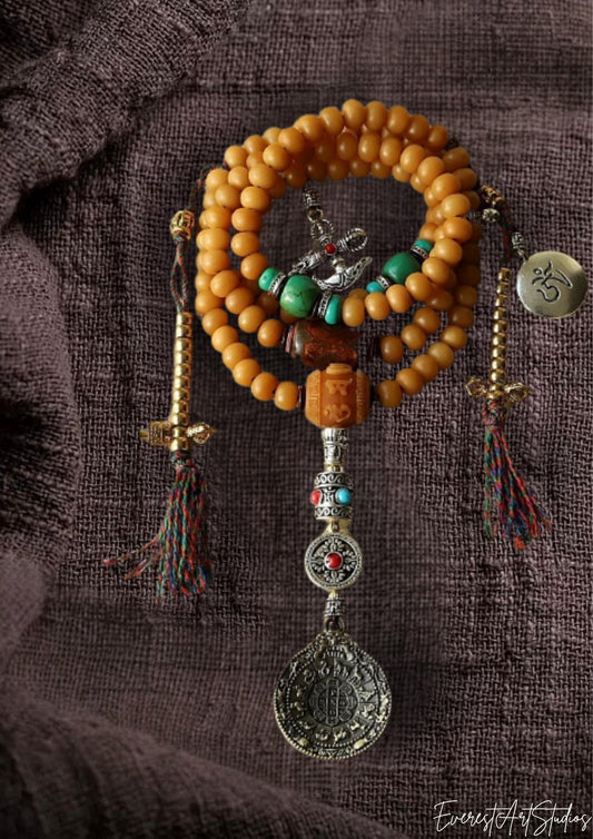Handcrafted Bodhi Root Mala Beads, 108 Tibetan Prayer Beads Necklace Bracelet with Agate, Spiritual Meditation Jewelry