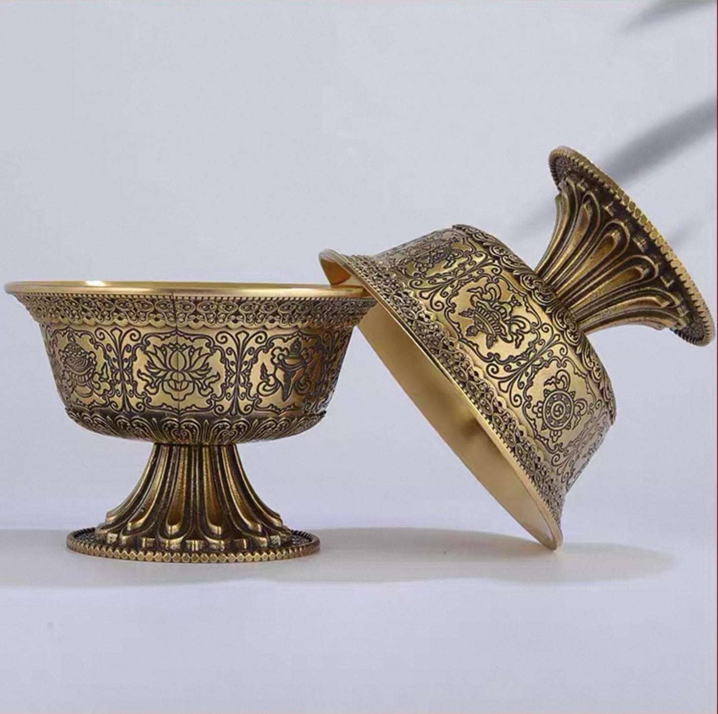 Handcrafted Tibetan Brass Offering Bowl with Eight Auspicious Symbols High-Footed Water Cup for Altar Ritual Use