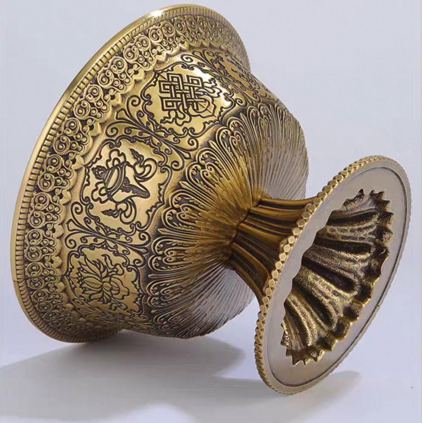 Handcrafted Tibetan Brass Offering Bowl with Eight Auspicious Symbols High-Footed Water Cup for Altar Ritual Use