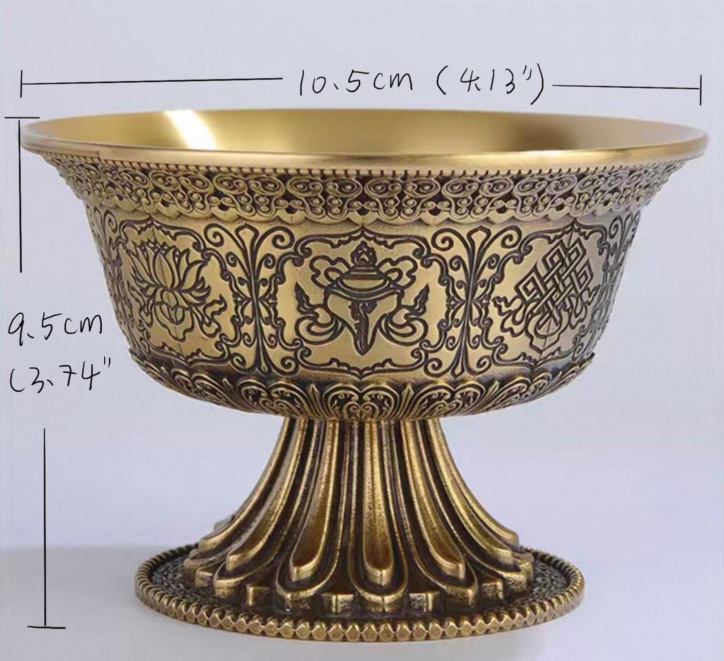 Handcrafted Tibetan Brass Offering Bowl with Eight Auspicious Symbols High-Footed Water Cup for Altar Ritual Use