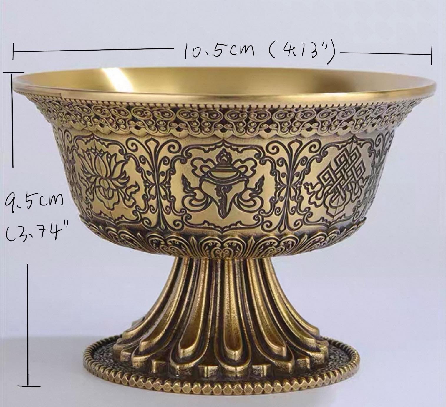 Handcrafted Tibetan Brass Offering Bowl with Eight Auspicious Symbols High-Footed Water Cup for Altar Ritual Use
