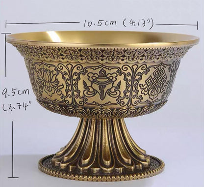Handcrafted Tibetan Brass Offering Bowl with Eight Auspicious Symbols High-Footed Water Cup for Altar Ritual Use