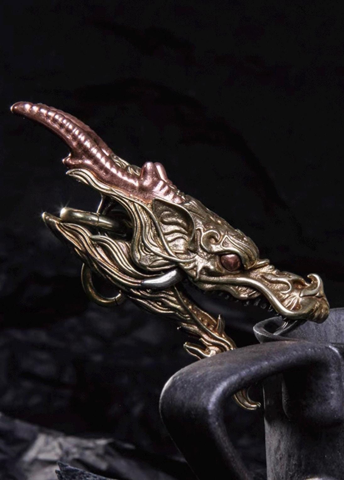 Brass Dragon Head Keychain Handmade Vintage Metal Car Key Ring Unique Gift for Men Eastern Design