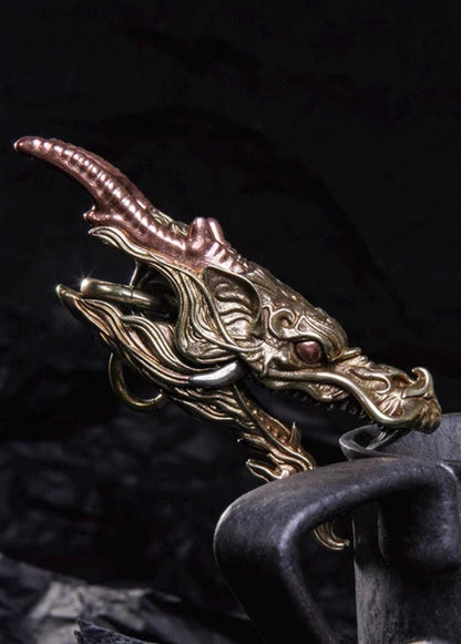 Brass Dragon Head Keychain Handmade Vintage Metal Car Key Ring Unique Gift for Men Eastern Design