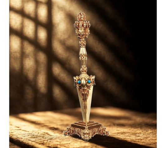 A gold colored metal ornament with a detailed design. The ornament features a central face with a crown and multiple smaller faces surrounding it. The ornament is intricately detailed and has a traditional design.