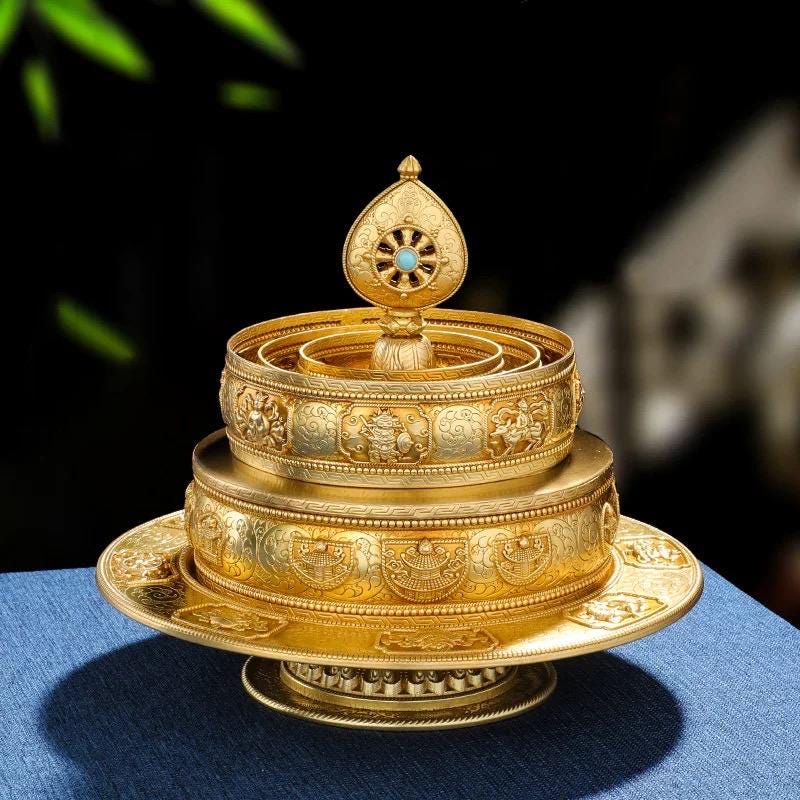 10” Handmade Brass Mandala Offering Set Tibetan Eight Auspicious Symbols, 2 lbs free gem included
