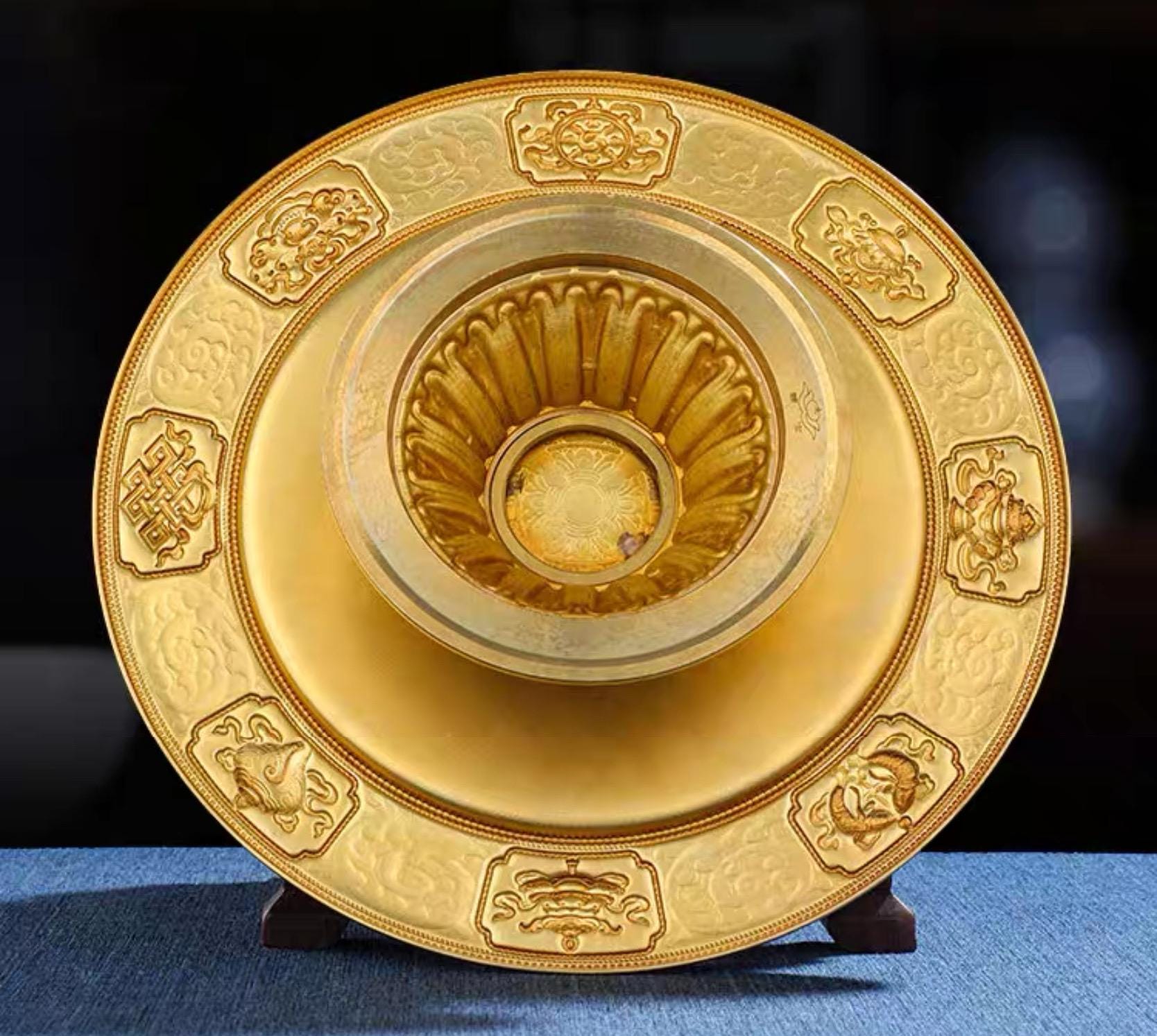 10” Handmade Brass Mandala Offering Set Tibetan Eight Auspicious Symbols, 2 lbs free gem included