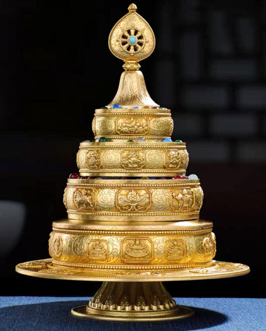 10” Handmade Brass Mandala Offering Set Tibetan Eight Auspicious Symbols, 2 lbs free gem included