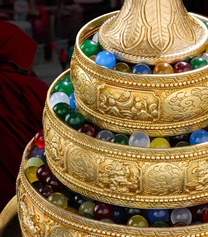 10” Handmade Brass Mandala Offering Set Tibetan Eight Auspicious Symbols, 2 lbs free gem included