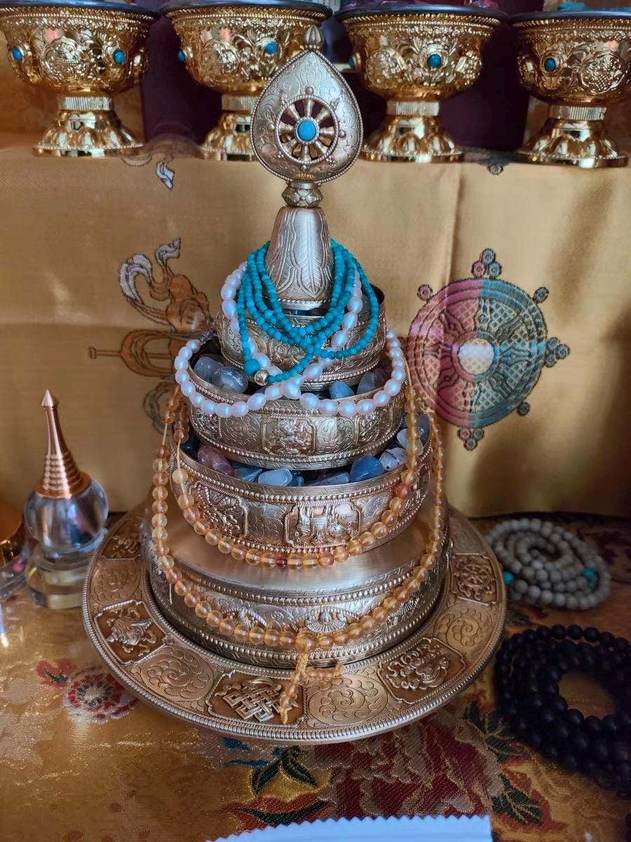 10” Handmade Brass Mandala Offering Set Tibetan Eight Auspicious Symbols, 2 lbs free gem included