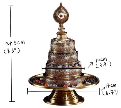 10” Handmade Brass Mandala Offering Set Tibetan Eight Auspicious Symbols, 1 pound free gem included