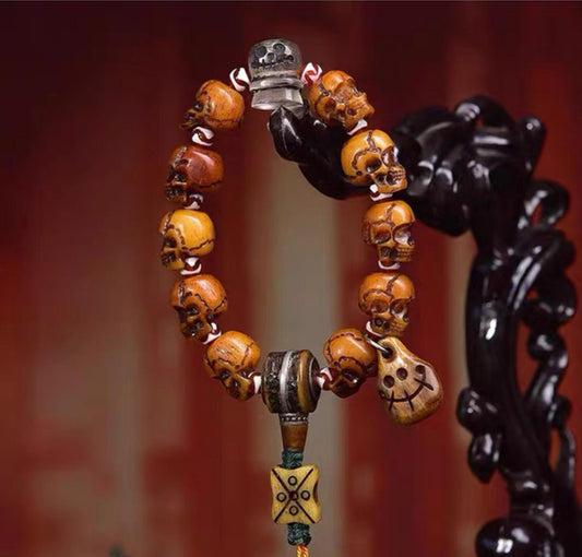 Tibetan Yak Bone Skull Bead Bracelet | Handcrafted Cemetery Mala | Reclaimed Bone Spiritual Jewelry