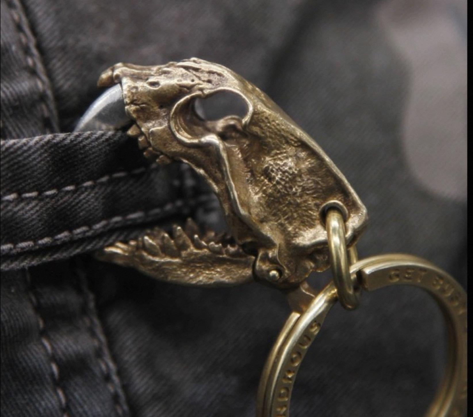 Original Brass Saber-Toothed Tiger Skull Pendant, Handcrafted Keychain with Silver Teeth