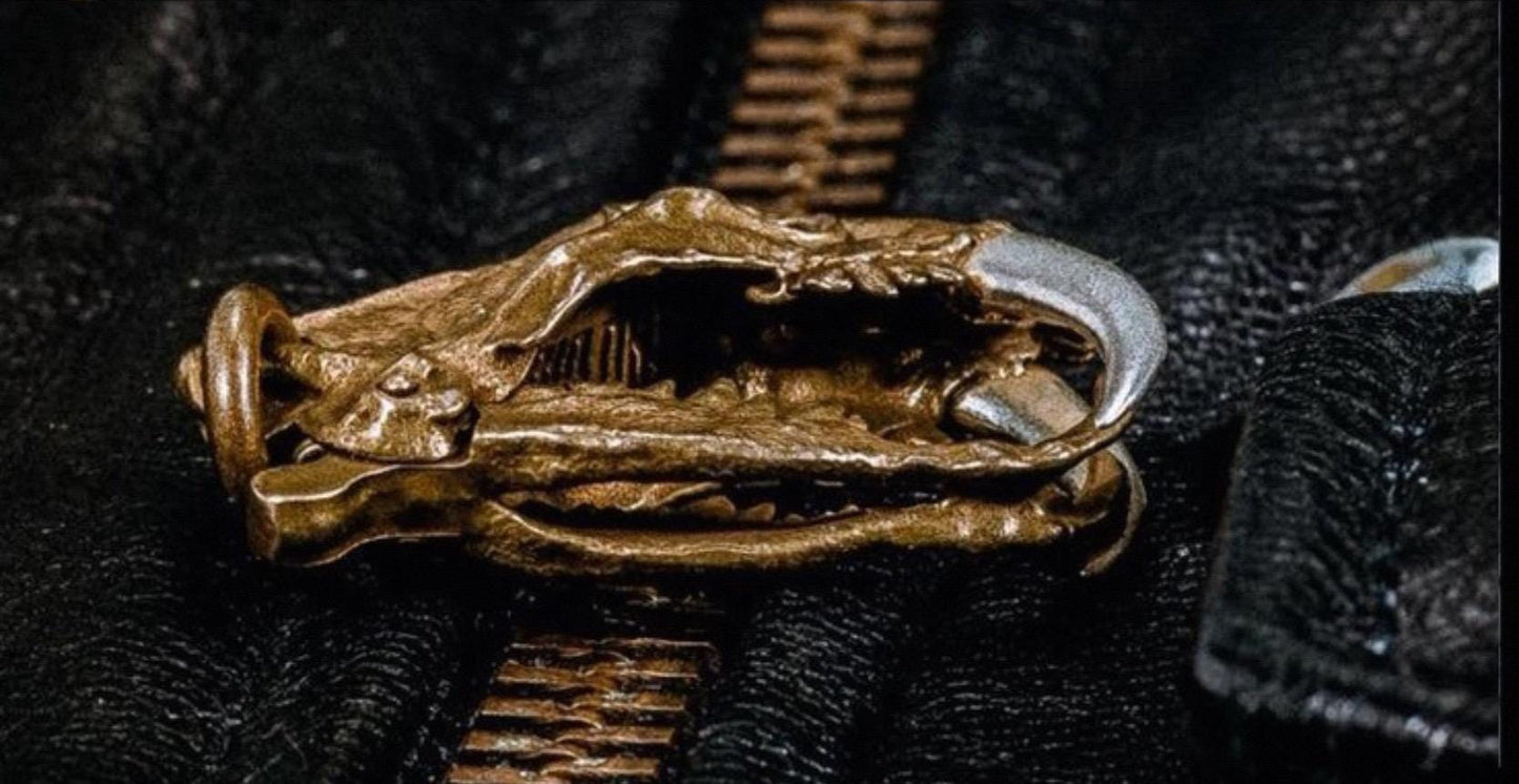 Original Brass Saber-Toothed Tiger Skull Pendant, Handcrafted Keychain with Silver Teeth