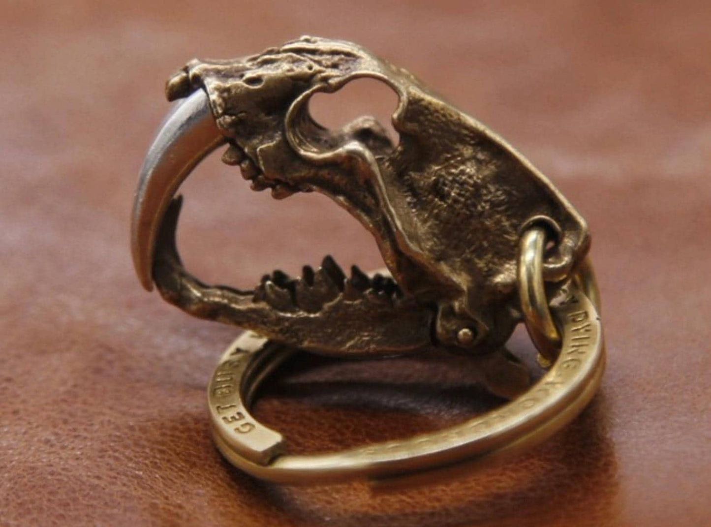 Original Brass Saber-Toothed Tiger Skull Pendant, Handcrafted Keychain with Silver Teeth
