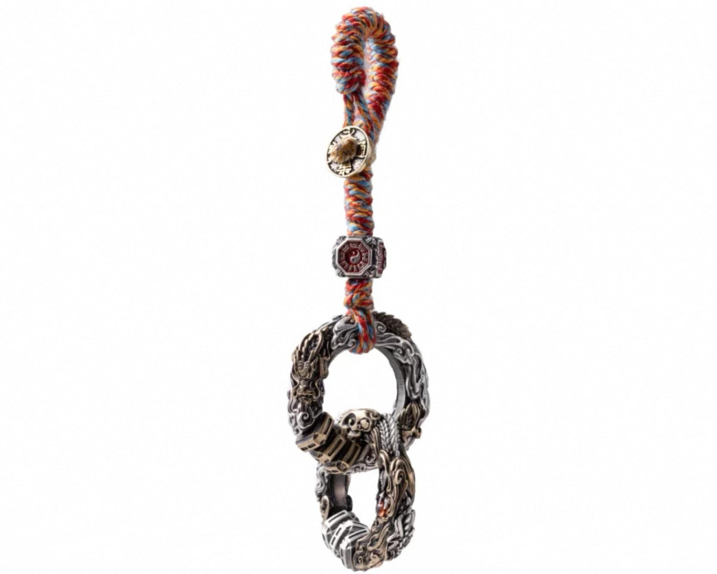 Handmade Daoist Heaven-Earth Circle Pendant, Silver & Brass Amulet Necklace with Red Zircon, Green Chalcedony