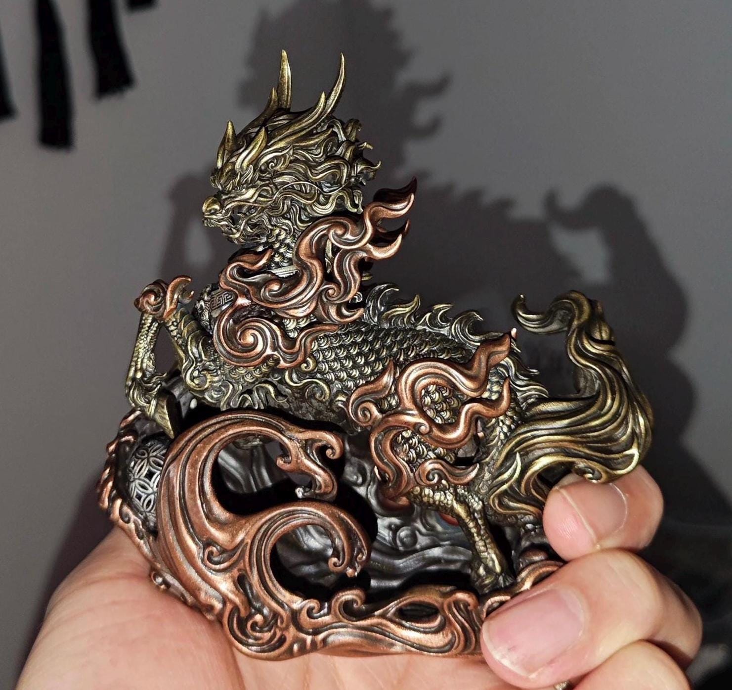 Kirin Brass Silver Statue, Tibetan Handcrafted Copper Good Fortune Protection Figurine, Office Home Decor, Unique Gift Desk Decor