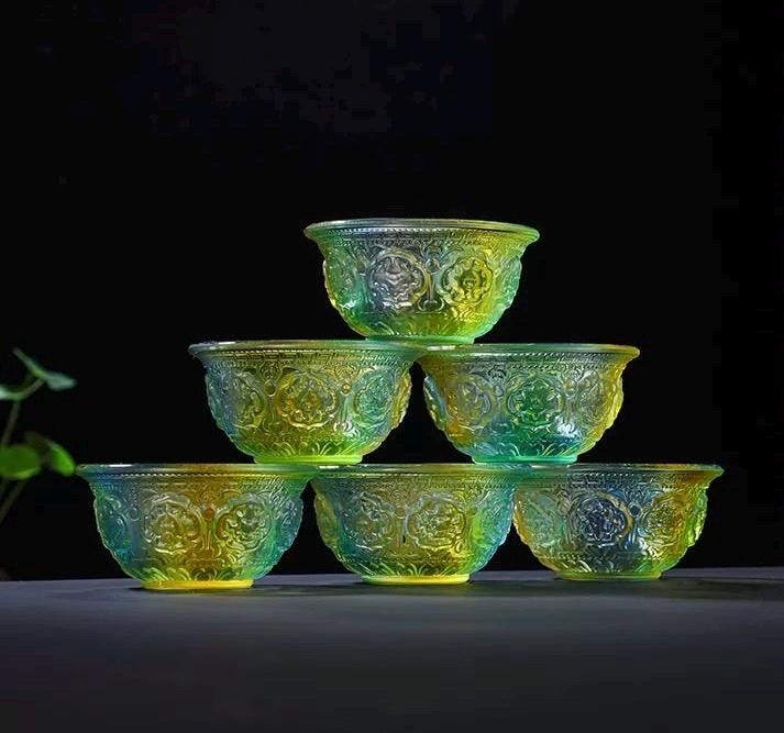Handcrafted Colorful Glass Offering Bowls for Buddhist Altar Sacred Water Cups for Home Shrine