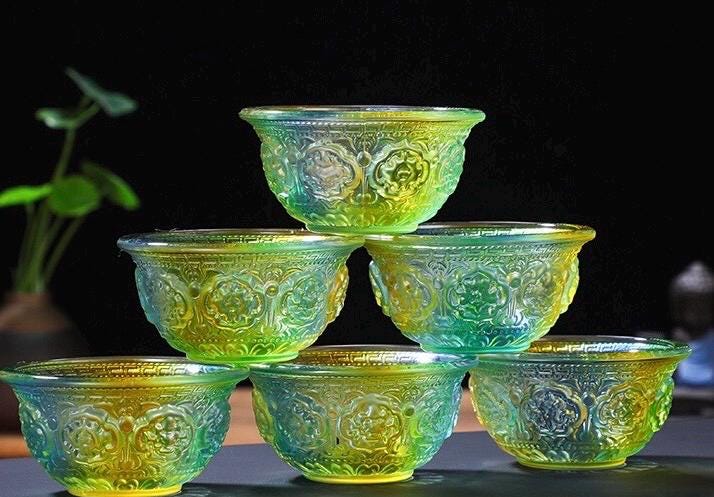 Handcrafted Colorful Glass Offering Bowls for Buddhist Altar Sacred Water Cups for Home Shrine
