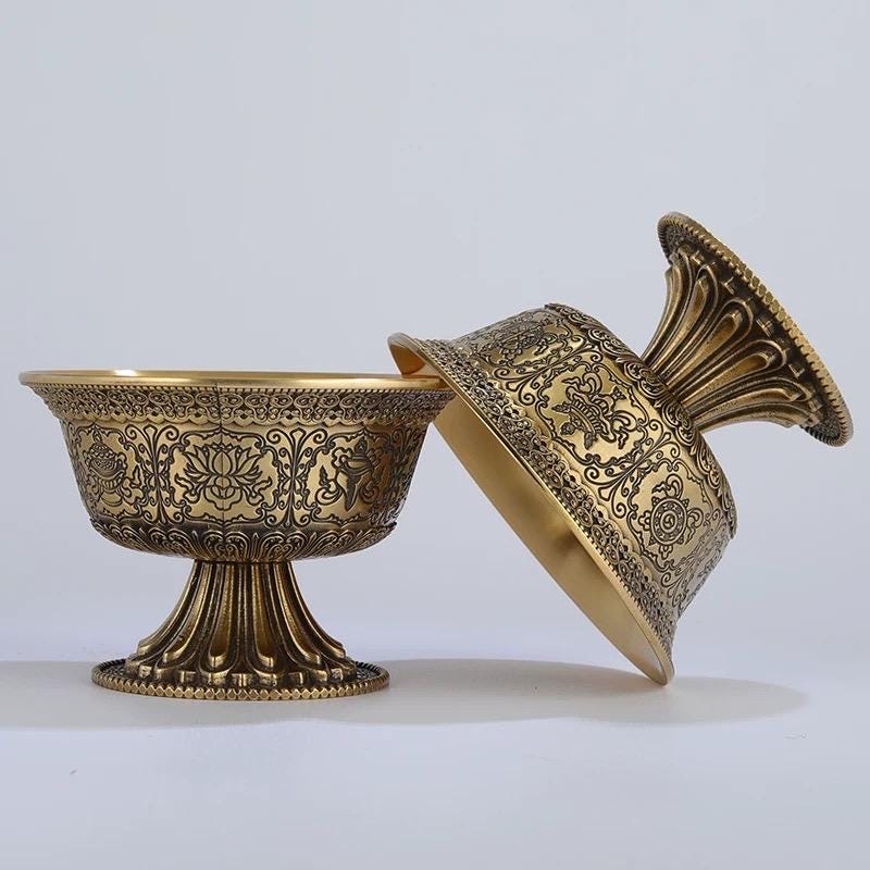 Handcrafted Tibetan Brass Offering Bowl with Eight Auspicious Symbols High-Footed Water Cup for Altar Ritual Use
