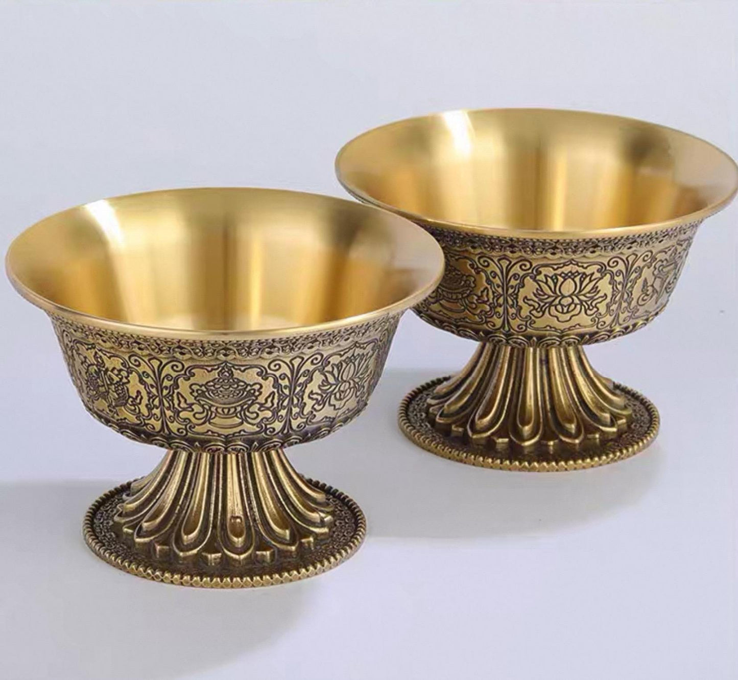 Handcrafted Tibetan Brass Offering Bowl with Eight Auspicious Symbols High-Footed Water Cup for Altar Ritual Use