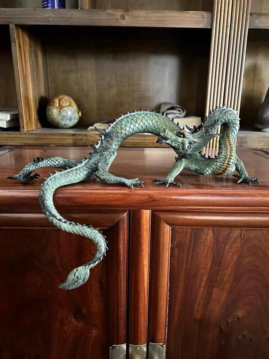 Brass Dragon Loong Statue, Tibetan Handcrafted Copper Good Fortune Protection Figurine, Office Home Decor Unique Gift Desk Decor