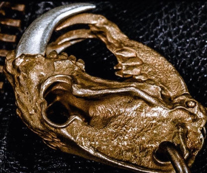 Original Brass Saber-Toothed Tiger Skull Pendant, Handcrafted Keychain with Silver Teeth