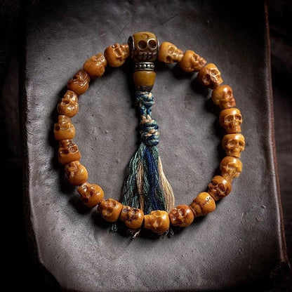 Handcrafted Tibetan Skull Shape Yak Bone Mala Bracelet, 108 Beads Buddhist Prayer Beads for Meditation, Yoga, and Spiritual Healing