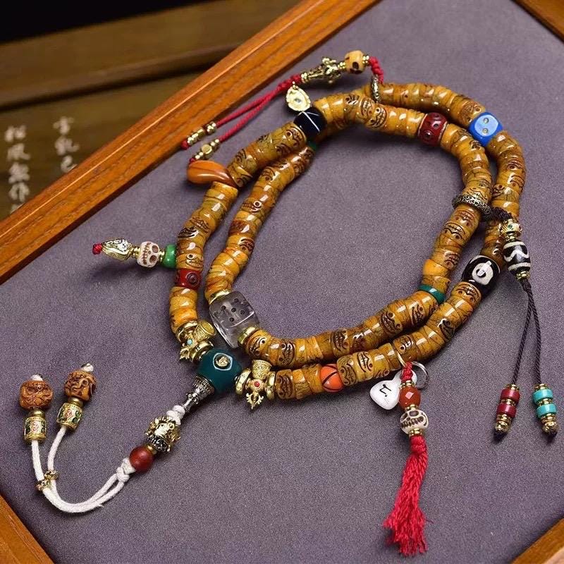 Handcrafted Tibetan Yak Bone Mala Bracelet, 108 Beads Buddhist Prayer Beads for Meditation, Yoga, and Spiritual Healing, Tibetan Jewelry