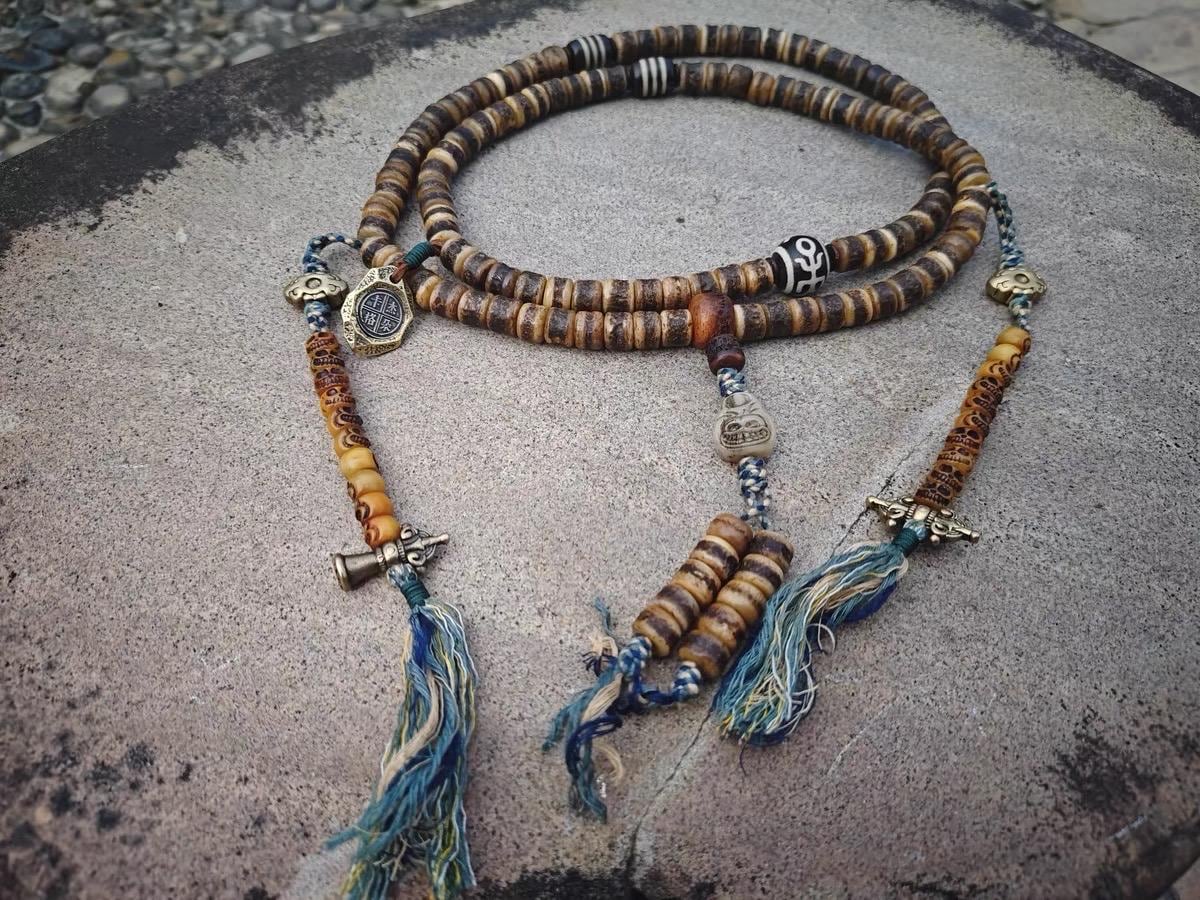 Handcrafted Tibetan Yak Bone Mala Bracelet, 108 Beads Buddhist Prayer Beads for Meditation, Yoga, and Spiritual Healing, Tibetan Jewelry
