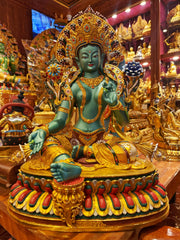 Handcrafted Green Tara Brass Statue – Nepalese Style Tibetan Buddhist Deity with Painted Back Panel (9 inch)