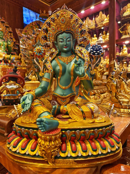 Handcrafted Green Tara Brass Statue – Nepalese Style Tibetan Buddhist Deity with Painted Back Panel (9 inch)