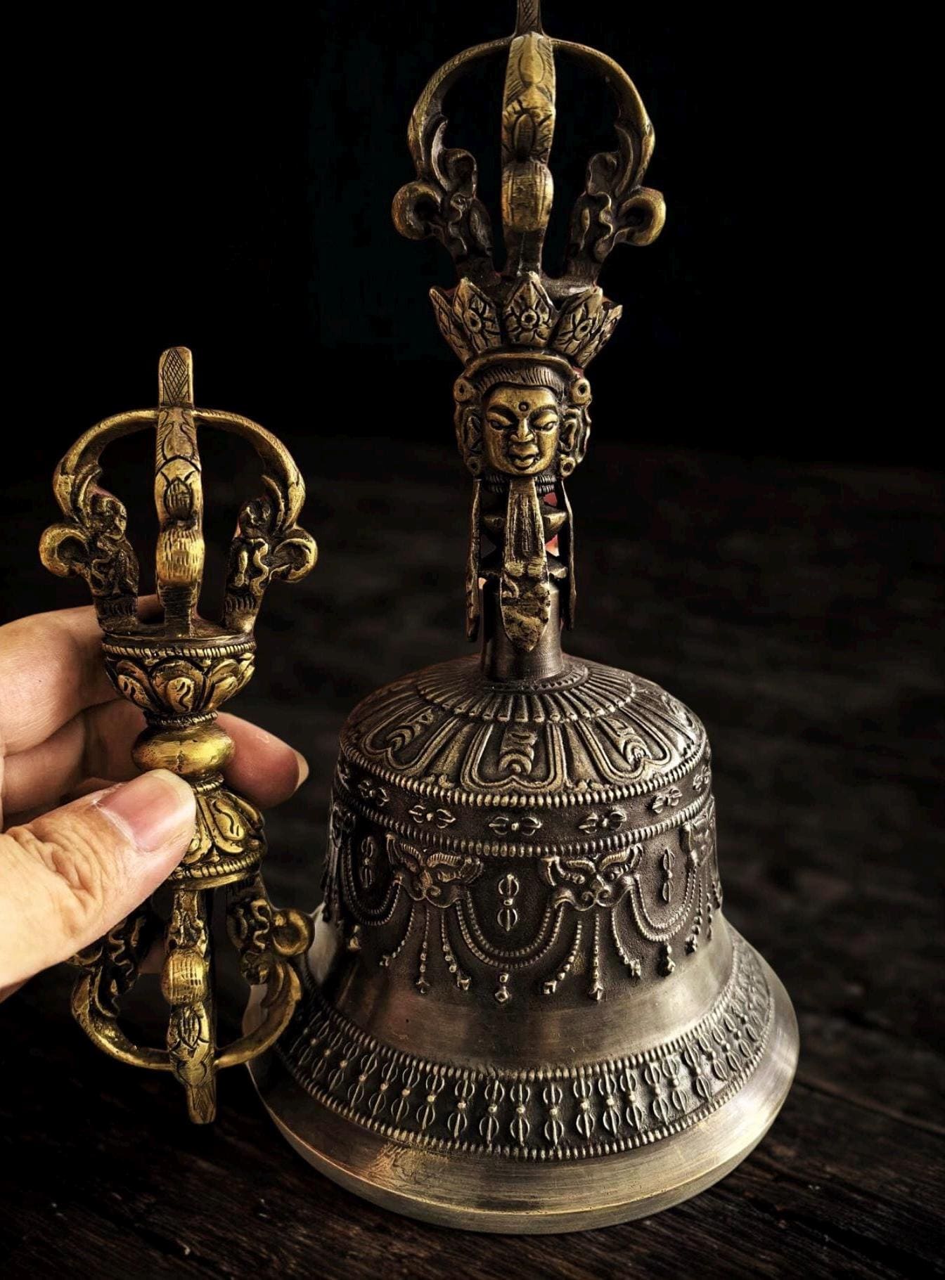 Handcrafted Tibetan Vajra Bell & Dorje Set, Brass, Spiritual Ritual Meditation Buddhist Decor Sacred Power Wisdom Symbol