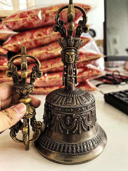 Handcrafted Tibetan Vajra Bell & Dorje Set, Brass, Spiritual Ritual Meditation Buddhist Decor Sacred Power Wisdom Symbol