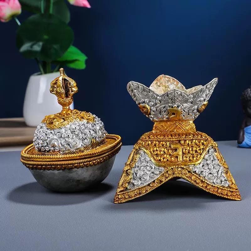 Handcrafted Tibetan Kapala Set | Buddhist Skull Cup | Silver Kapala Bowl | Meditation Altar | Symbolic Artifacts | Religious Home Decors