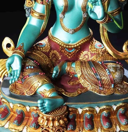 Handcrafted Green Tara Brass Statue – Nepalese Style Tibetan Buddhist Deity with Painted Back Panel (9 inch)