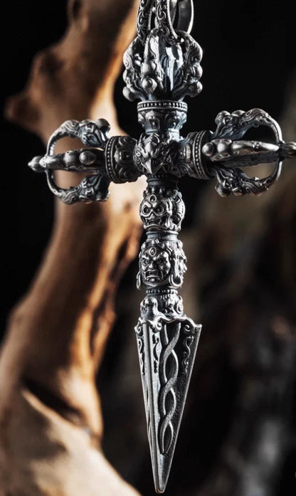 Silver Tibetan Phurba Pendant, Vajra Kila Ritual Dagger Necklace, Handcrafted Spiritual Amulet, Buddhist Jewelry Gift