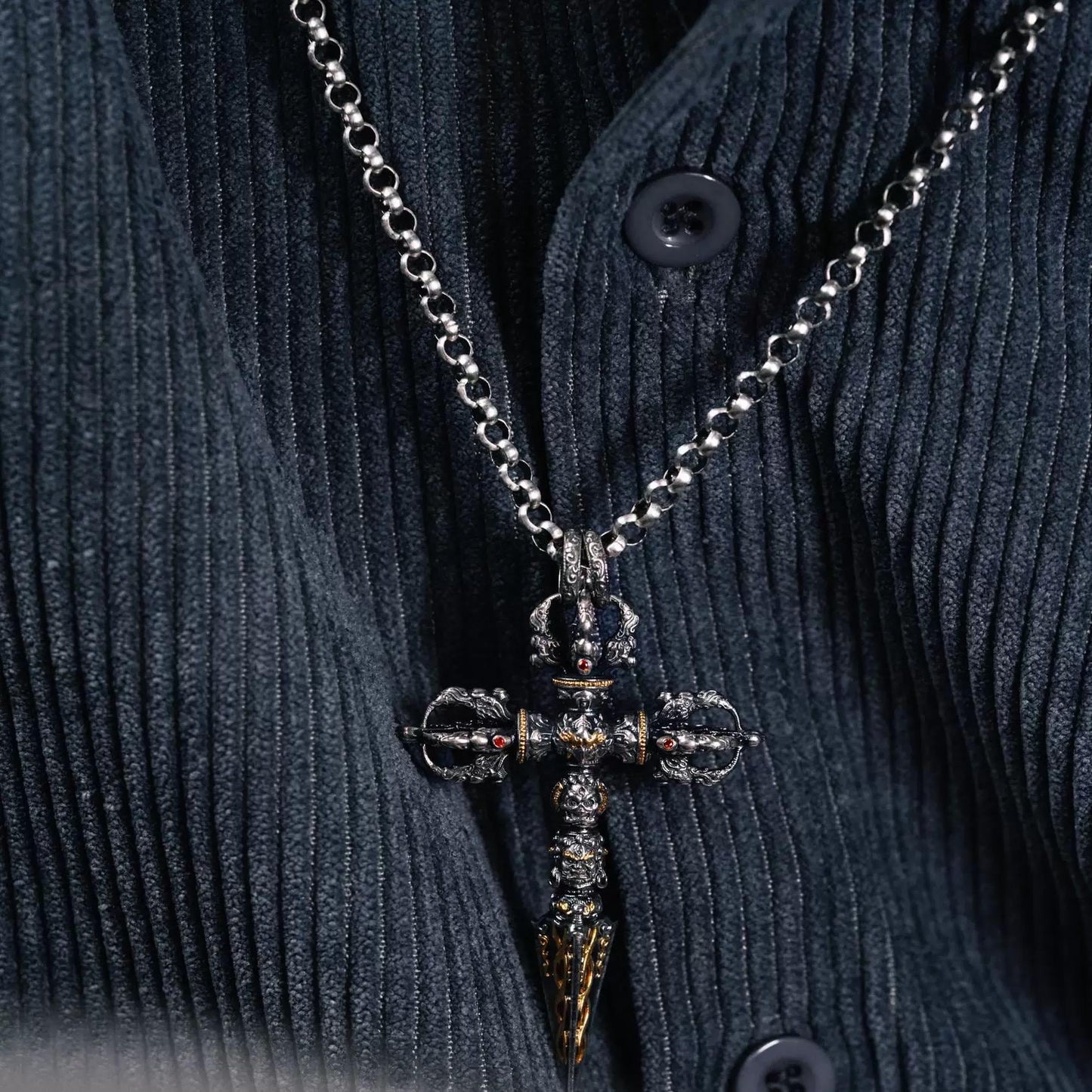 Silver with gold plating Tibetan Phurba Pendant, Vajra Kila Ritual Dagger Necklace, Handcrafted Spiritual Amulet, Buddhist Jewelry Gift