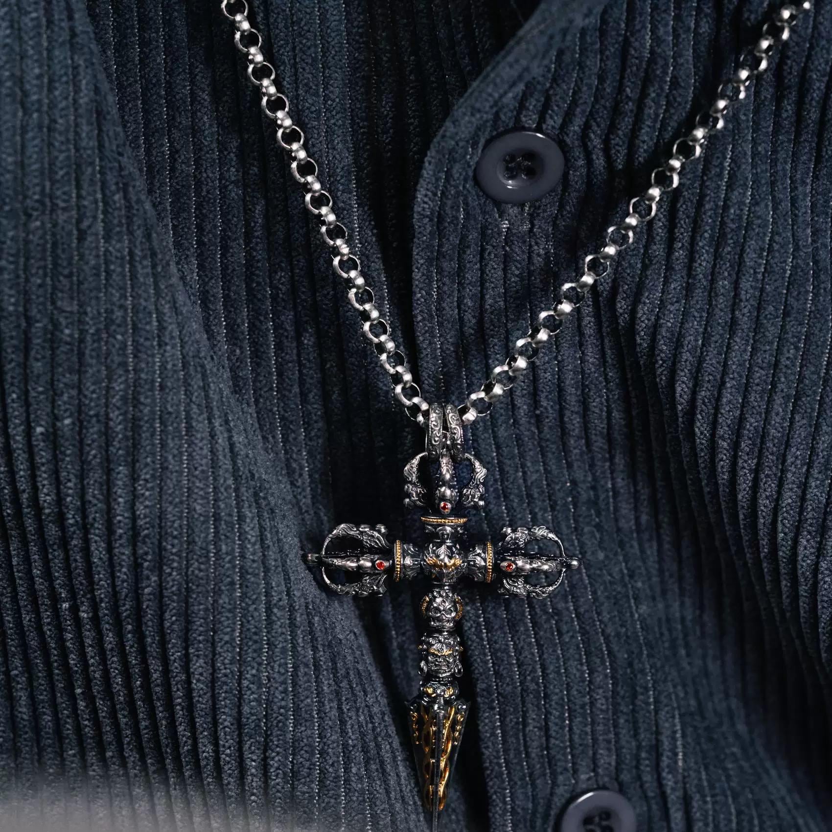 Silver with gold plating Tibetan Phurba Pendant, Vajra Kila Ritual Dagger Necklace, Handcrafted Spiritual Amulet, Buddhist Jewelry Gift