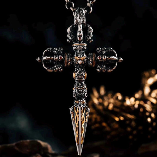 Silver with gold plating Tibetan Phurba Pendant, Vajra Kila Ritual Dagger Necklace, Handcrafted Spiritual Amulet, Buddhist Jewelry Gift