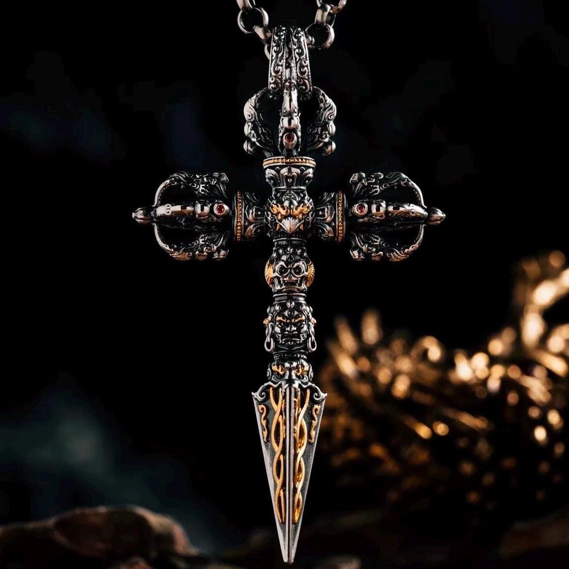 Silver with gold plating Tibetan Phurba Pendant, Vajra Kila Ritual Dagger Necklace, Handcrafted Spiritual Amulet, Buddhist Jewelry Gift