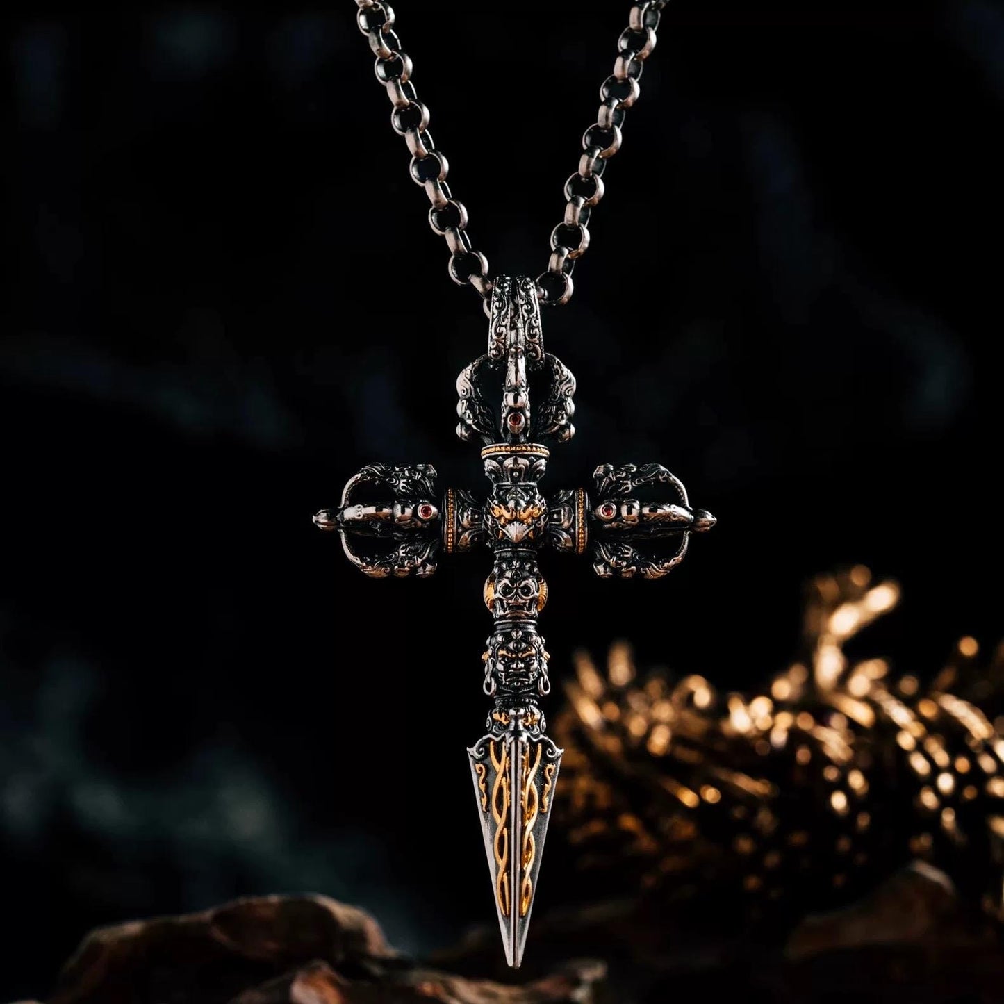 Silver with gold plating Tibetan Phurba Pendant, Vajra Kila Ritual Dagger Necklace, Handcrafted Spiritual Amulet, Buddhist Jewelry Gift