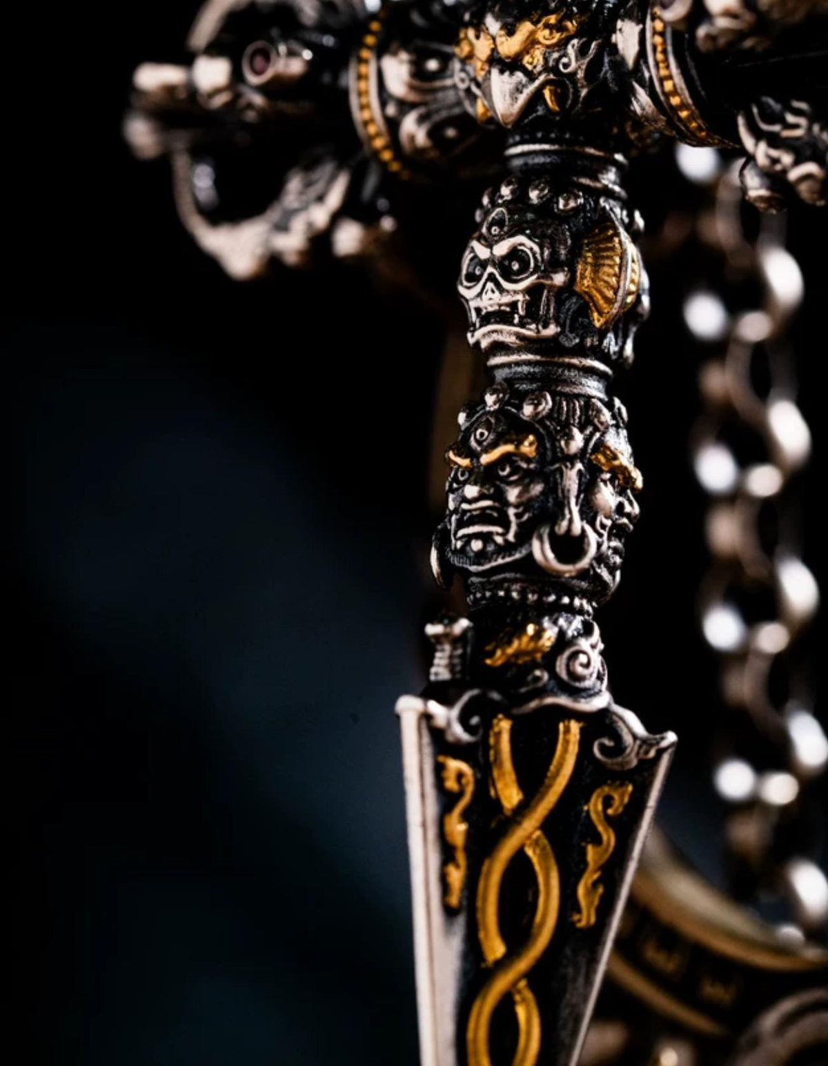 Silver with gold plating Tibetan Phurba Pendant, Vajra Kila Ritual Dagger Necklace, Handcrafted Spiritual Amulet, Buddhist Jewelry Gift