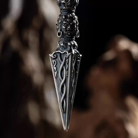 Silver Tibetan Phurba Pendant, Vajra Kila Ritual Dagger Necklace, Handcrafted Spiritual Amulet, Buddhist Jewelry Gift