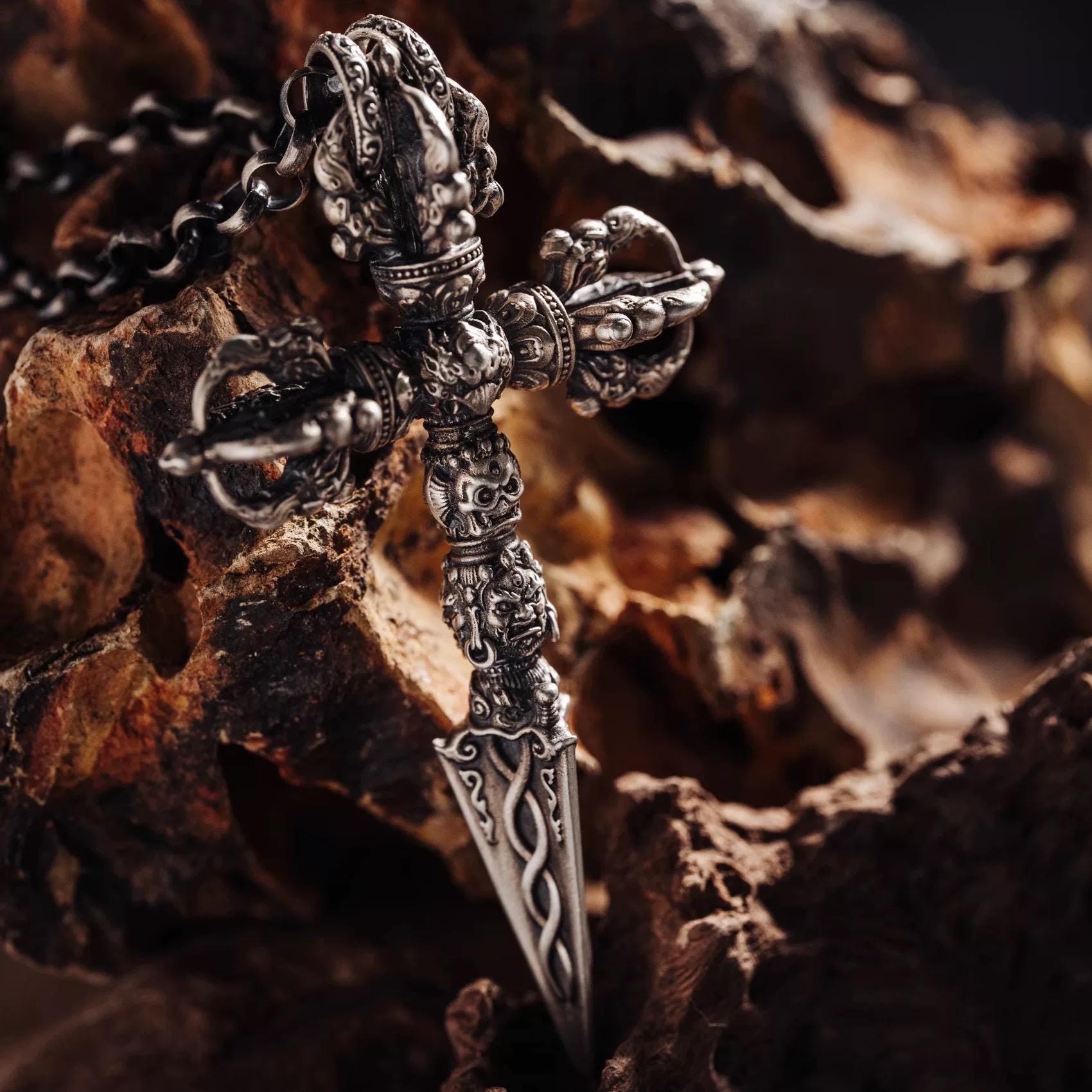 Silver Tibetan Phurba Pendant, Vajra Kila Ritual Dagger Necklace, Handcrafted Spiritual Amulet, Buddhist Jewelry Gift